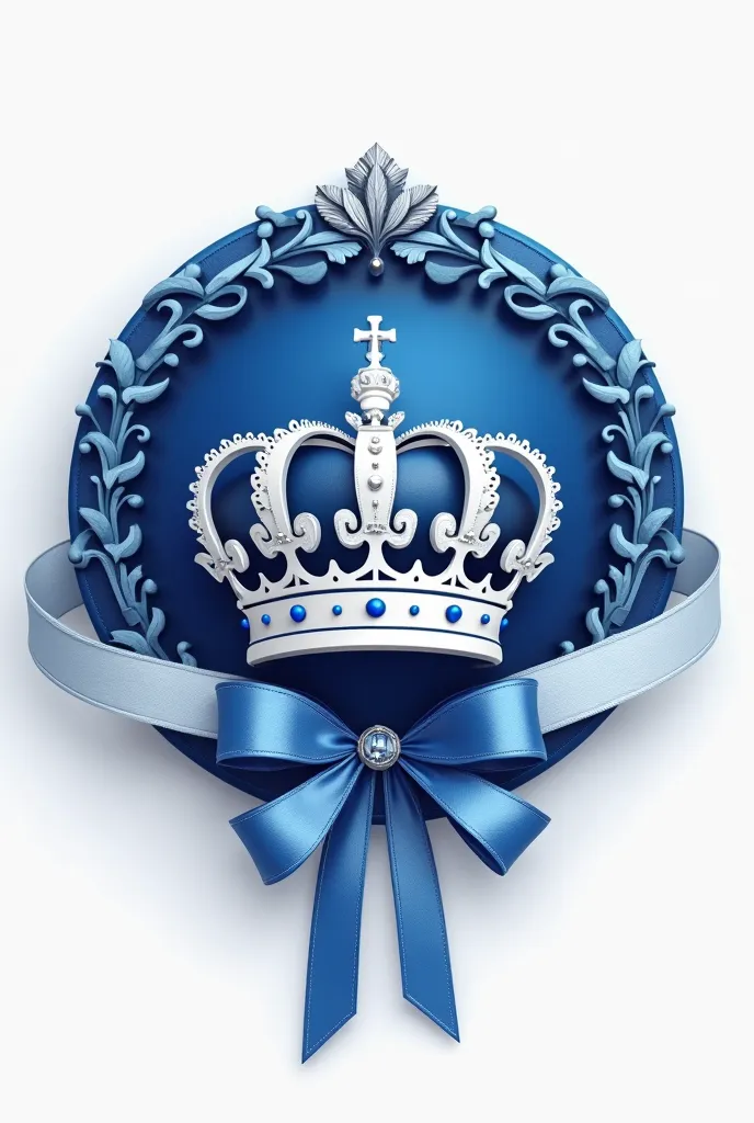 An elegant blue and white circle with a beautiful crown up down a beautiful ribbon