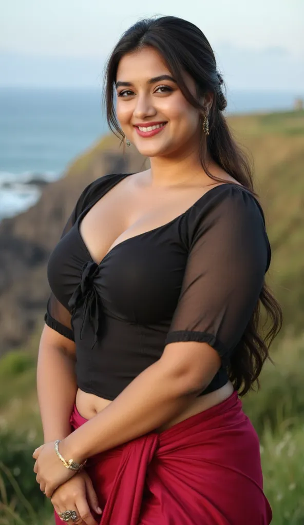 HD wallpaper 32k cinematic shoot of a Beautiful cute Nupur Sanon, curvy plus size, very very big breasts, swooping breasts, pretty chubby women, red lips, jewelry styles, long bun-cut hair, black short-sleeve tie front traditional blouse, Smiling, style po...