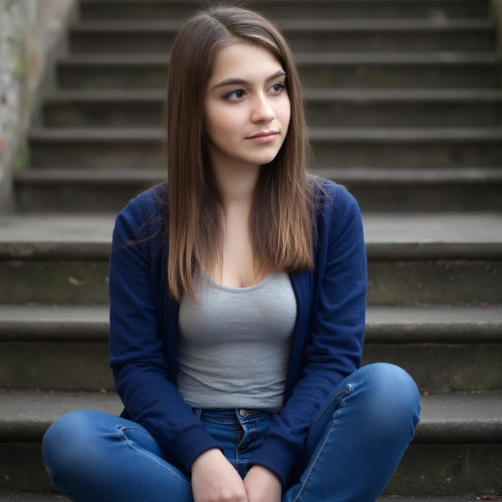 Woman sitting on a staircase. Wearing a blue sweater. And jeans. Woman wearing sneakers. Style photorealistic, sharp focus, very detailed, detail, full body