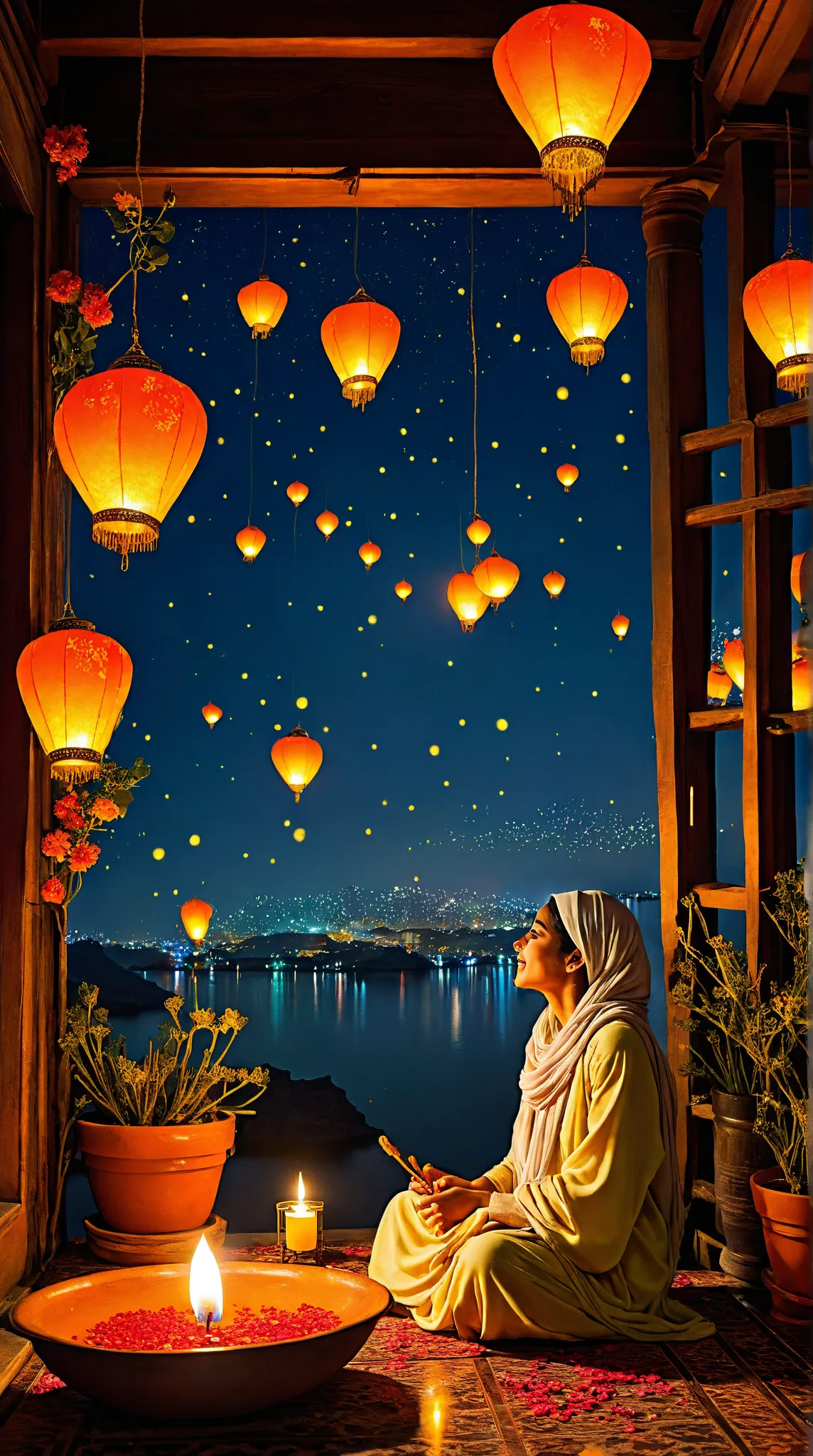 
"Envision a dreamscape where Arab Ramadan’s soul intertwines with ethereal magic—a twilight medina bathed in amber and indigo, where cobblestone streets glow under *fanous* lanterns. Each lantern, hand-forged with filigree stars, pulses like a heartbeat, ...