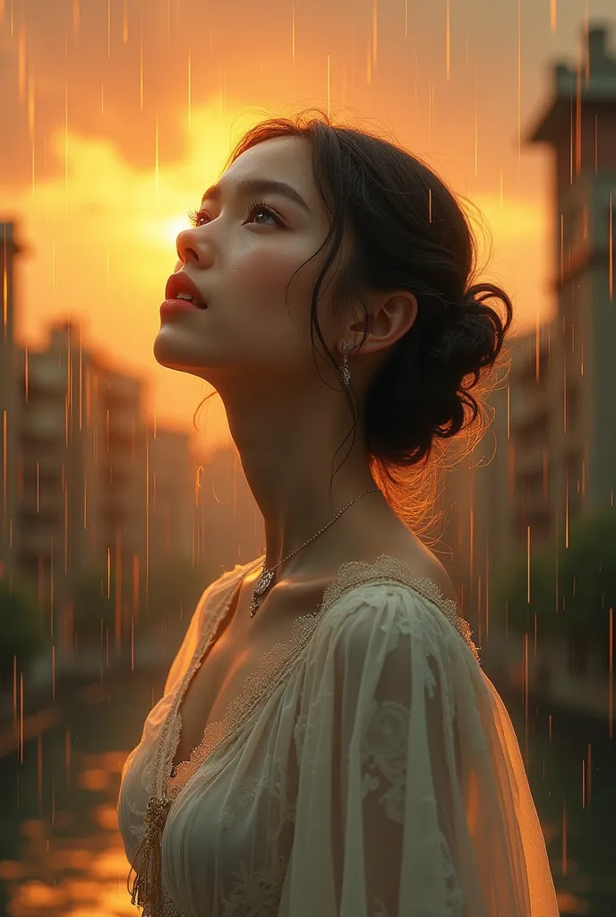  young woman,  long dress, lace, Rain background, sunset,  extreme beauty , looking up at the sky, Raphael style 