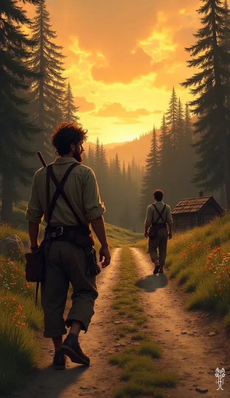 The lumberjack Elias, with his short beard, disheveled brown hair and simple clothes of Peasant, walks along a dirt road at dusk. He meets a desperate traveler, a man with worn clothes and a tired face, asking for shelter. Elias stops and listens to, his e...