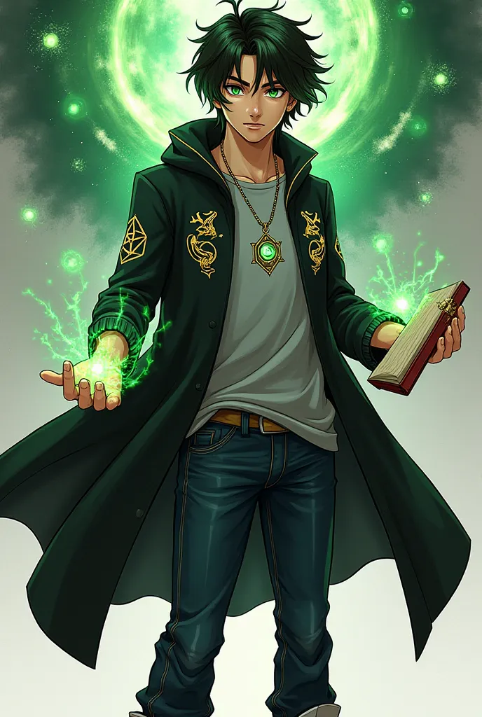 1.rostro:Curious and decisive expression. bright green eyes , that reflect your connection with magic.2.hair:Messy and a little long,  with locks that fall on his forehead .3.Clothing:Long dark jacket with mystical symbols embroidered in gold or silver.Lig...