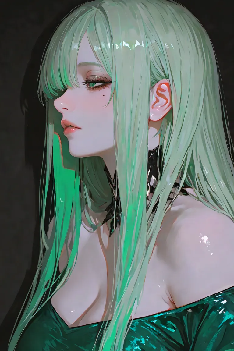 masterpiece, Highest quality, Good quality, very aesthetic, Absard dress,  latest, 1 girl, Alone, longhair, profile,  frame green color hair, long hair, hair on one eye, nail,  eyelashes, plump lips, mole under eye, PALE SKIN, makeup,  Half Open Eyes , Por...