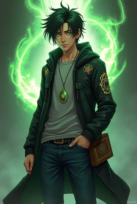 1.rostro:Curious and decisive expression. bright green eyes , that reflect your connection with magic.2.hair:Messy and a little long,  with locks that fall on his forehead .3.Clothing:Long dark jacket with mystical symbols embroidered in gold or silver.Lig...