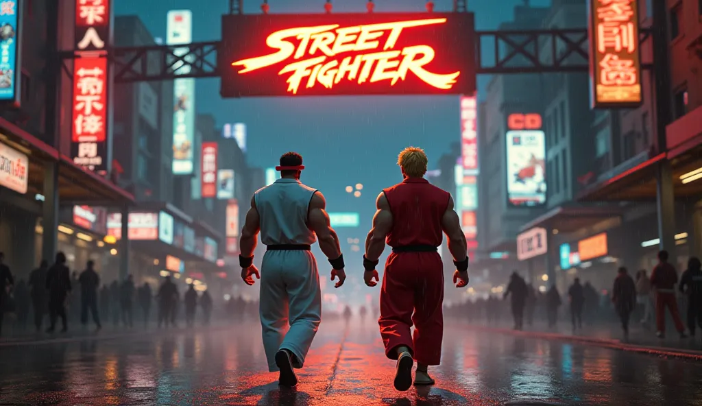 "A hyper-realistic, cinematic 8K digital painting of Ryu and Ken walking in opposite directions under the glow of neon city lights. The scene is filled with rain-soaked streets, reflecting the vibrant colors of arcade-style billboards and flickering signs....