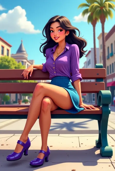 Tip: A very lovely  beautiful Asian American woman being happy alone on a bench in Downtown San Diego in the sun..The illustration is a high definition illustration with 4k resolution., with highly detailed facial features and cartoon style visuals, purple...