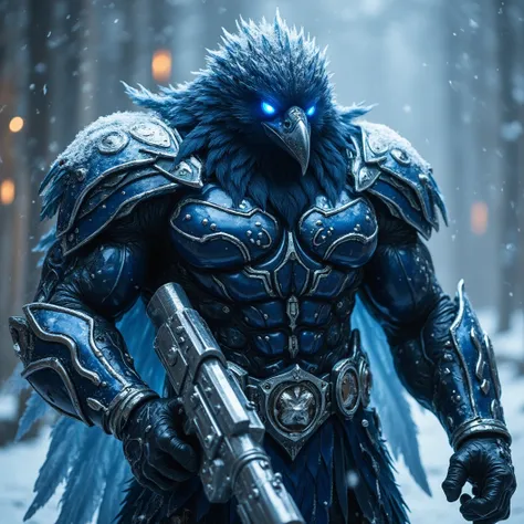 A large muscular Crow villian donned in a chrome armored suit. Muscular and intimidating. His feathers begin to freeze at the tips and his eyes glow icy blue. His sharp beak glowing icy blue. He clutches a chrome ice throwing ray gun.