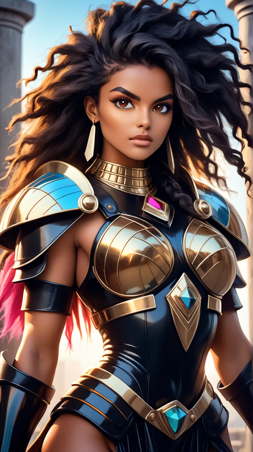 A young, black Brazilian warrior woman of tall, imposing stature, wearing shiny bronze armor that highlights her strong, feminine muscles. Her face is of rare beauty, with elegant features and an expression of determination and strength.
Her skin is a ligh...