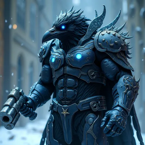 A large muscular Crow villian donned in a chrome armored suit. Muscular and intimidating. His feathers begin to freeze at the tips and his eyes glow icy blue. His sharp beak glowing icy blue. He clutches a chrome ice throwing ray gun.