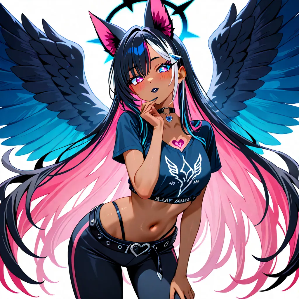  Draw anime eyes: large/rounded, angled upwards, thick upper lid, small pupil, highlights, exaggerated lashes/brows, shading.Solo  kitsune girl Wolf angel  crop top on and Jensen with a chin belt around her belt strap  standing up black and blue and black ...