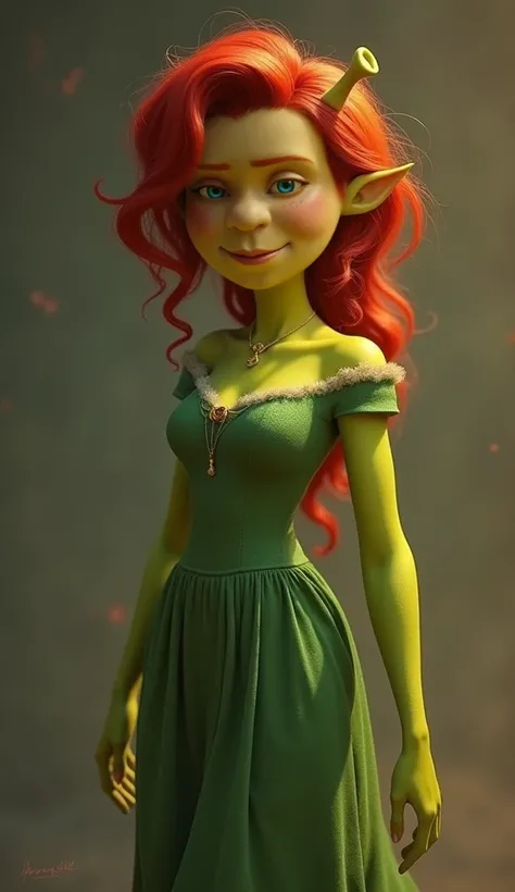 a full length portrait of a woman with a red hair and a green dress, Shrek, Duke Shrek, Shrek faced, Shrek with red eyes, donald trump as Shrek, Shrek portrait, Shrek portrait, (((crazy))) elf princess, full og Shrek, animated film, Shrek doing ballet, smi...