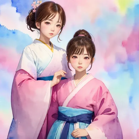 (((bright colored watercolor style background:1.3)))、one girl、１６、 Anatomy 、 small face、 small、 small鼻、 pale pink eyes 、 loosely knitted low ponytail 、brown hair、 small breasts、Beautiful hakama、  Yamato Nadesico  、 random pose with pink on the chest、 Yoshin...