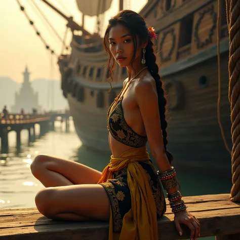 A striking, slender, young, Filipina woman (strong Asian features) with deep, expressive eyes and long, dark braided hair sits gracefully on a low wooden bench on the docks, in front of a weathered ship, bathed in warm, golden light. Her attire is a short,...