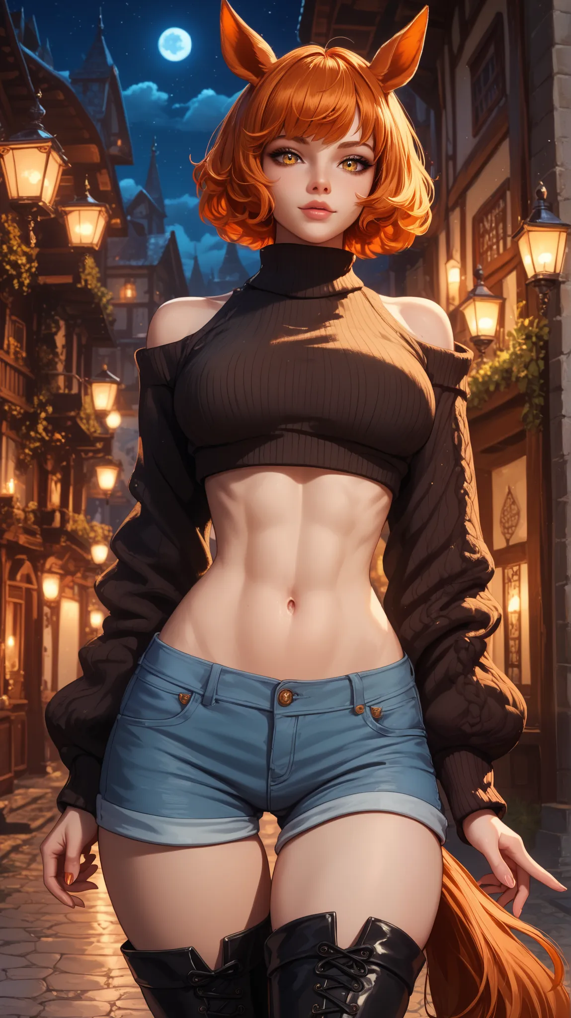  perfect eyes ,  perfectly sexy face , extremely detailed, sweater looking at the viewer,  golden eyes,  short hair, orange hair, wide hips, animal ear,  horse ears , tail, shorts, thigh boots, short top, apenas_shoulder, Fantasy, night,  standing,