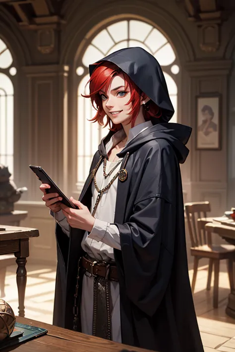 Rock gnome, young, DND, fantasy, sly, smiles cunningly, slender body, trickster, cleric of cunning, hooded cloak and chain mail, standing in a tavern, tinkering with a small device, red hair, goatee, small ears