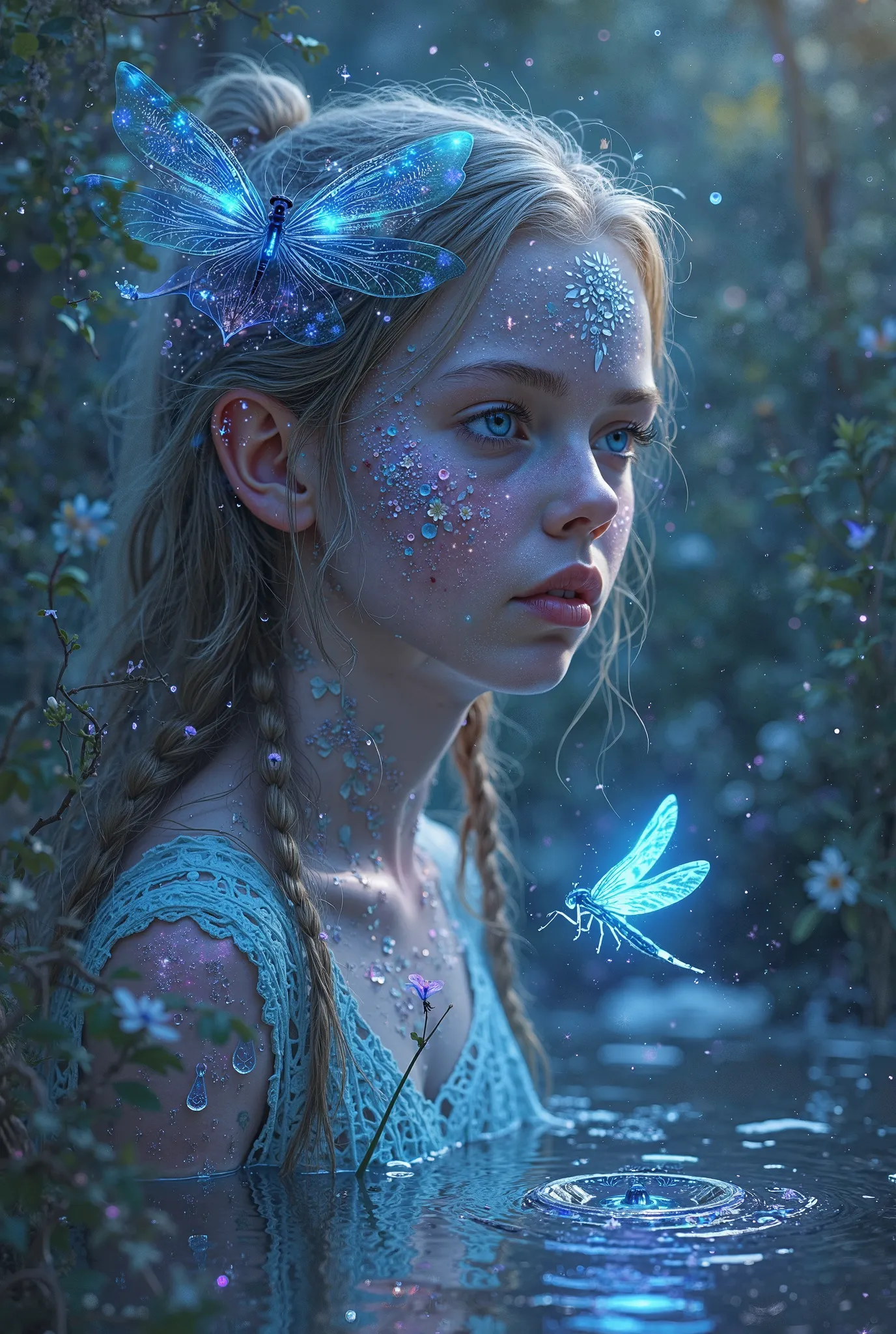 Dream image, Starseed girl with blue eyes and glowing tattoos on her face together with a big dragonfly. colors green , blu,  Water green , viola. 