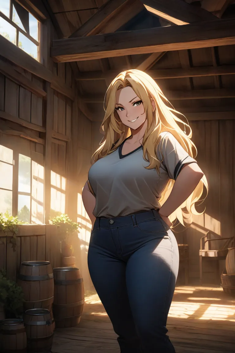 Woman, blonde hair, bright highlights, curvy, athletic build, country clothes, has a smirk, dynamic lighting and shadows