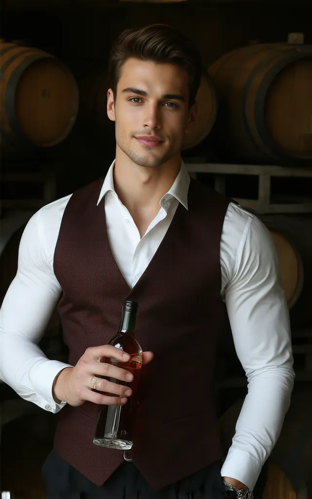 (masterpiece, best quality, realistic, ultra high detailed, UHD, view from a distance, facing the camera), The Refined Sommelier: A tall, lean, and muscular 20-year-old sommelier stands in the middle of a high-end wine cellar. His smooth white skin contras...