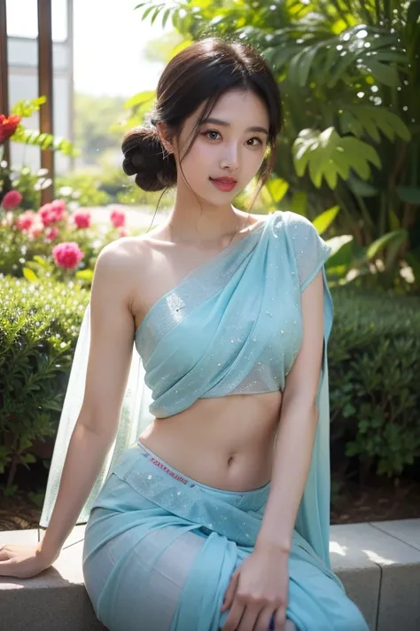 Beutifull printed light blue Girl wearing transfernt saree,open blouse hook।open right legs, beutiful belly button। Full view korean bun 