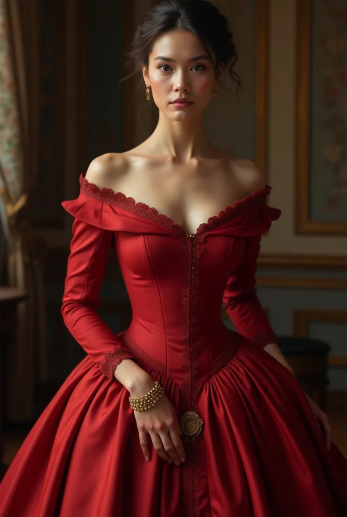 19th century Victorian dress with the following details: the neckline bordered her shoulders, leaving that piece of skin uncovered, with a fitted sleeve along its entire length. in red color