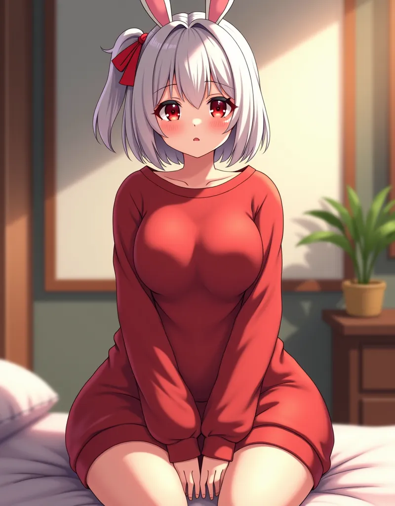 In a bedroom, adult woman, cute, Short bob cut White hair, little ponytail, red eyes, rabbit ear's, adult, oversized plan red sleeved sweater dress, long sleeves covered hands、small breasts, narrow shoulders, narrow waist, pear shaped body, (bottom heavy b...