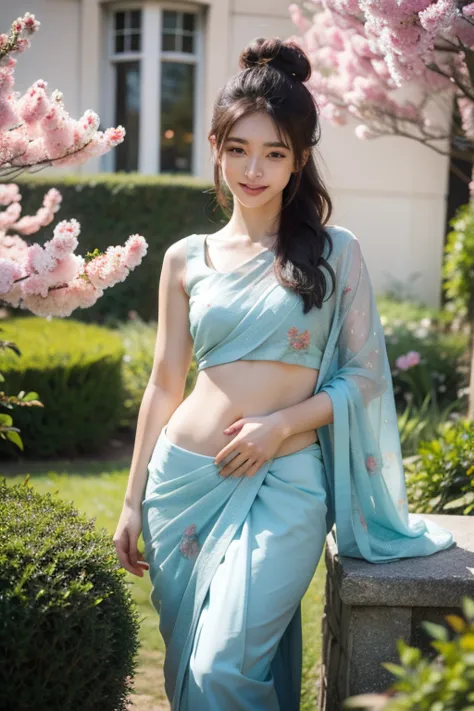 Beutifull printed light blue Girl wearing transfernt saree,open blouse hook।open right legs, beutiful belly button। Full view korean bun 