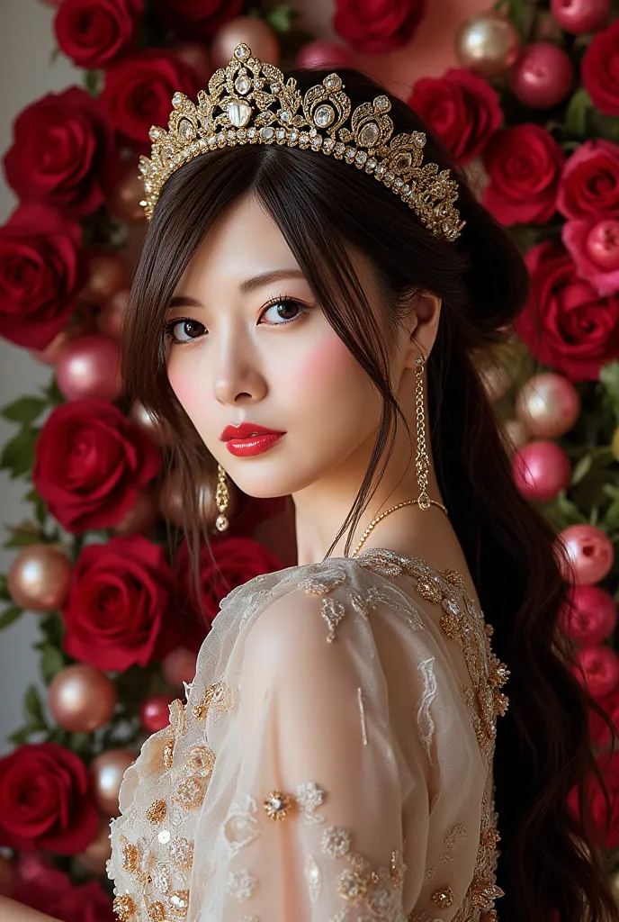 Rose Queen, astonishingly gorgeous woman, 8k Resolution, bold, crystalline representation, avant-garde character, extravagant look, metallic cobalt blue orbital decorations, extravagant sculptural attire, breathtaking elegance rendering, doll-like, rose-pl...