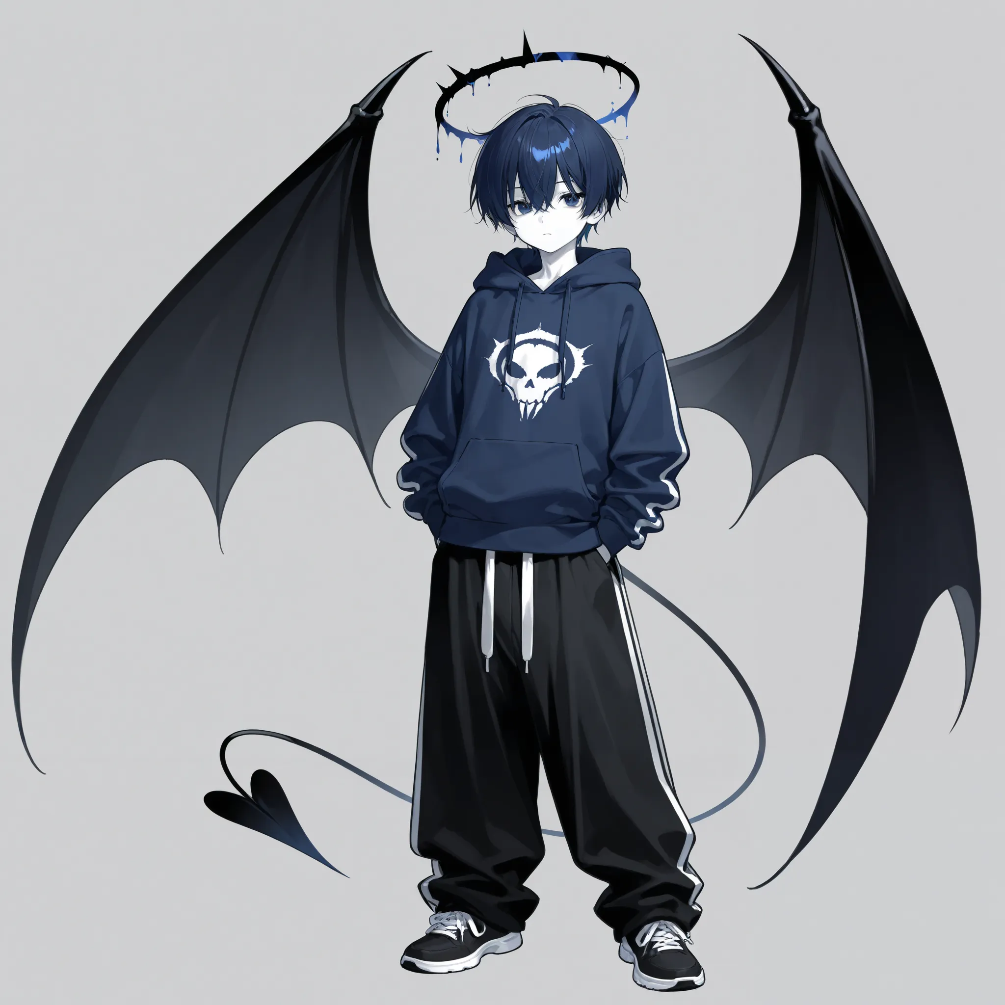  dark blue hair、1 man、 hoodie、dark blue eyes、best image quality、highest resolution、huge pants、Devil&#39;s Wings、 white skin