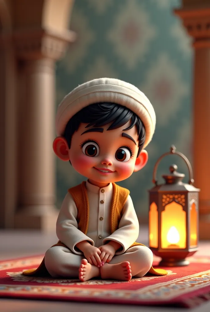 muslim boy sitting on a rug with a lantern in the background, a 3D render inspired by Amir Zand, shutterstock, digital art, cute 3 d render, cute cartoon character, cute detailed digital art, adorable digital painting, stylized 3d render, 3 d render styliz...