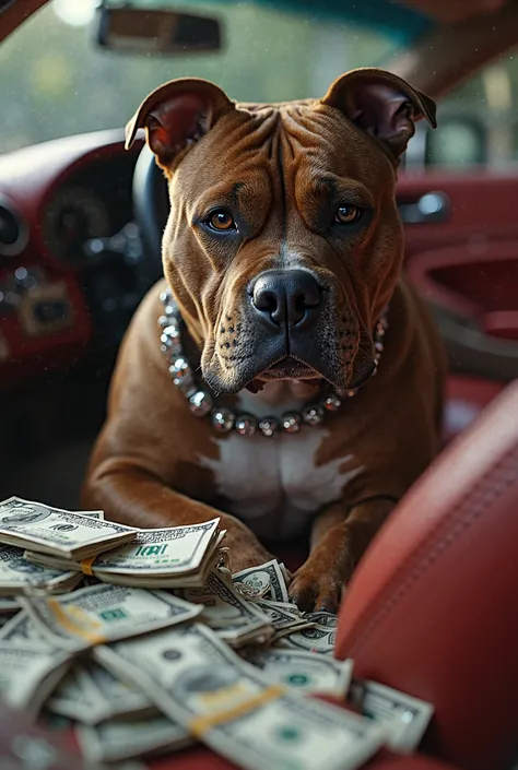 A big American bully strong scary look wearing dimond Nicklas inside luxury car and too much money around him in the car