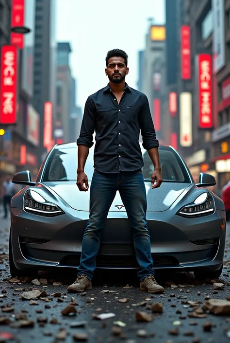 An Indian who breaks a Tesla car