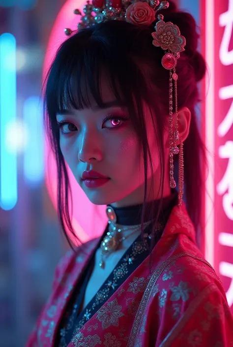 Cyberpunk japanese geshia with neon lights behind her, she has ornate clothes and hair a cross between traditional and futuristic. Her makeup is bright colours with pink being the main colour. Her eyes are implanted and unnatural looking but beautiful  hol...