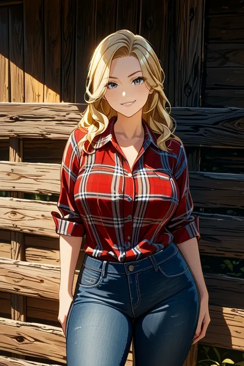 Woman, blonde hair, bright highlights in hair, curvy but athletic build, small waist, large breast, country clothes, flannel shirt with dark wash jeans, has a smirk, dynamic lighting and shadows