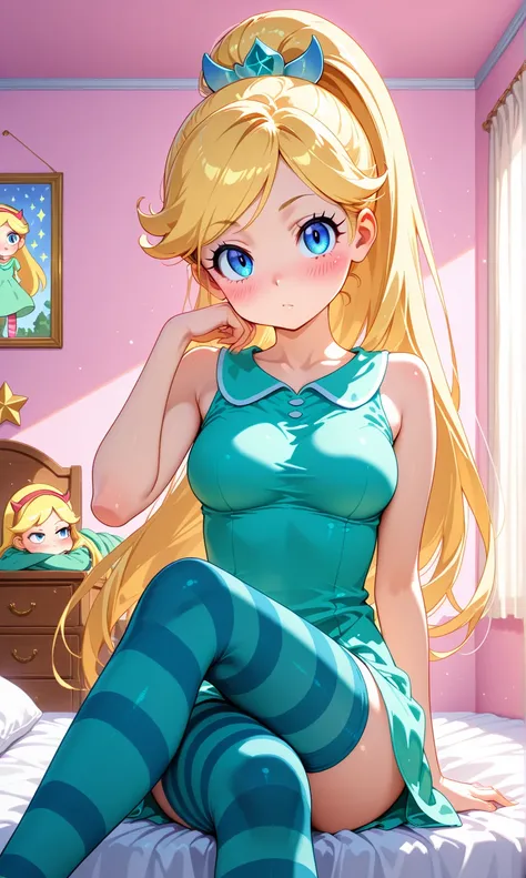 From the maximum quality , ultra Detailed , a girl,Star Butterfly, blond hair, Long hair,ponytail hair, blue eyes,tight and short green dress, medium breasts, striped tights, ,blush, lascivious look , In her room,bedroom, sitting, crossed legs,resting his ...