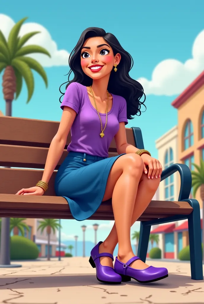 Tip: A very lovely  beautiful Asian American woman being happy alone on a bench in Downtown San Diego in the sun..The illustration is a high definition illustration with 4k resolution., with highly detailed facial features and cartoon style visuals, purple...