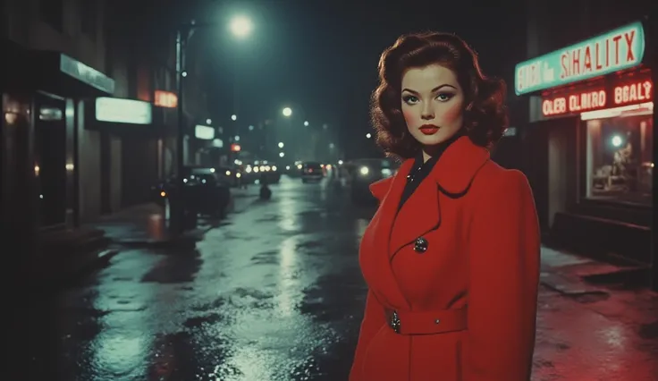 A rainy night in Gotham City, 1950s film noir style. Dark alleys lit by flickering streetlights. A young sexy Barbara Gordon, with bigg breast , dressed in a sexy red coat and carrying books, walks alone. The atmosphere is moody with wet streets reflecting...