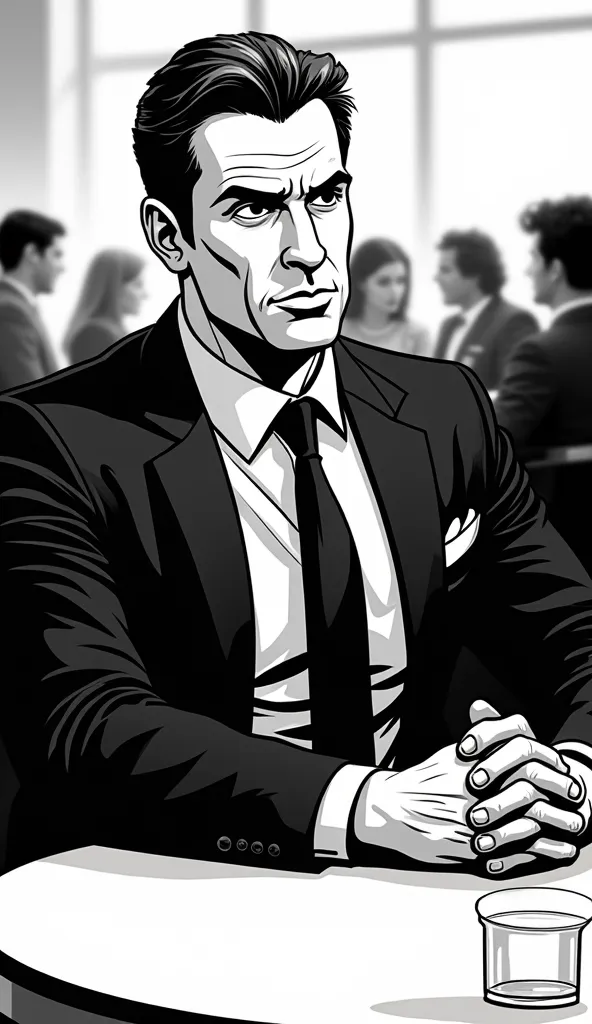 Black and white comic book-style image. A serious, well-dressed man sitting at a table, attentively listening while others talk. Focus on his composed expression, strong jawline, and sharp suit. Background blurred with people in conversation. Bold contrast...