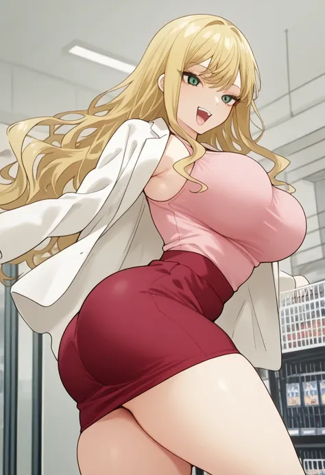 Solo, girl, Fubuki from one punch man,green eyes,Big breast deep red tight white jacket, synthetic pink tank top, red skirt, blonde, long locks, straight and wavy hair at the ends, blue eyes with deep pink shadows, confidente look, perfect ass, power pose,...