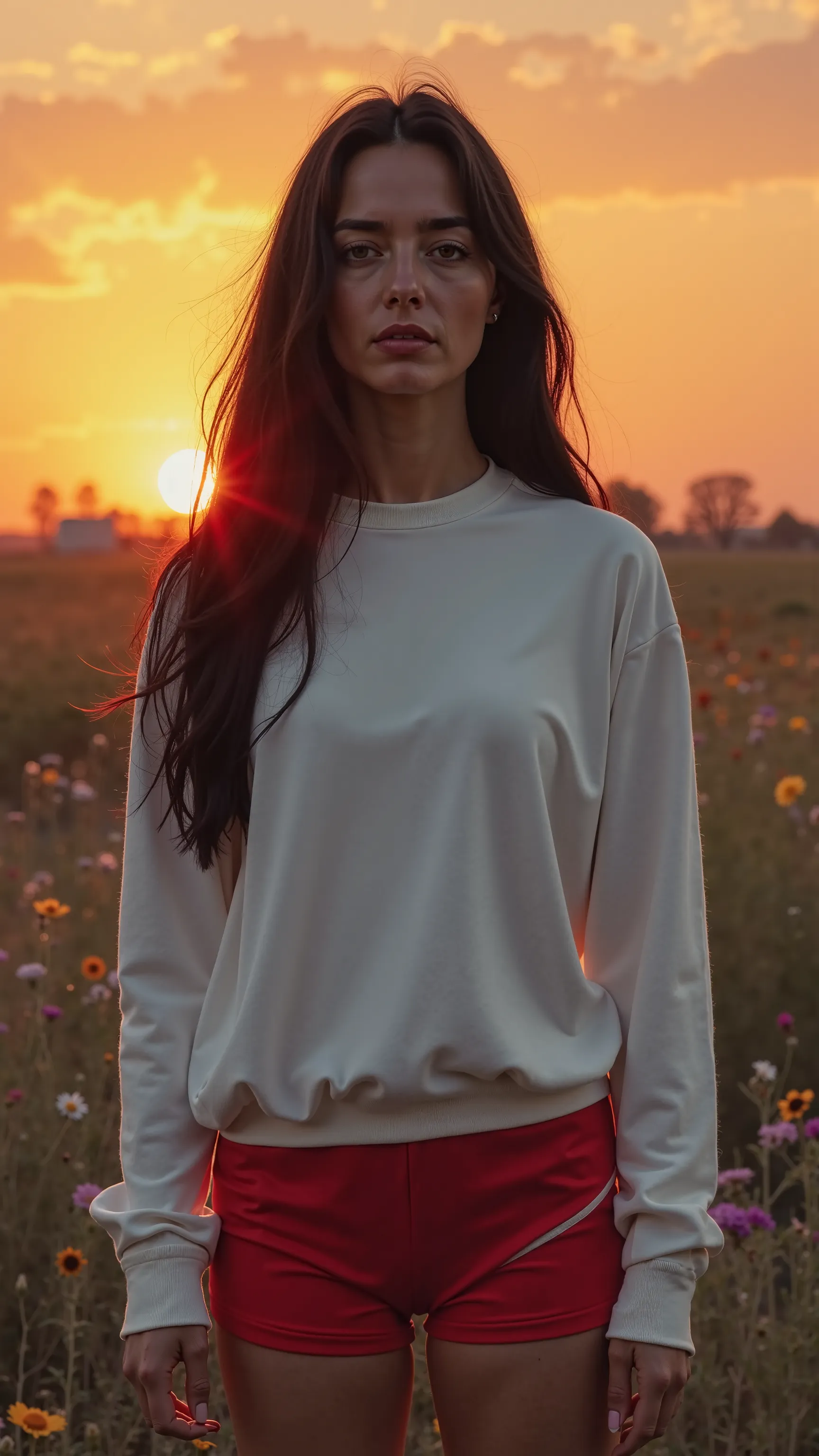  woman 45 years old ((very slim hair long black, Russian woman,  small chest)) dressed in leggings white sweatshirt((red shorts ))  full length view at sunset 