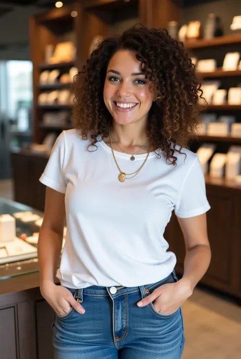 picture a slim, medium height and curvy lady in a jewelry store,she as a curly wig on.she is exuding confidence as she stands in her shop holding stylish jewelries.she is casually dressed and she as a stylish white tee on that reads 