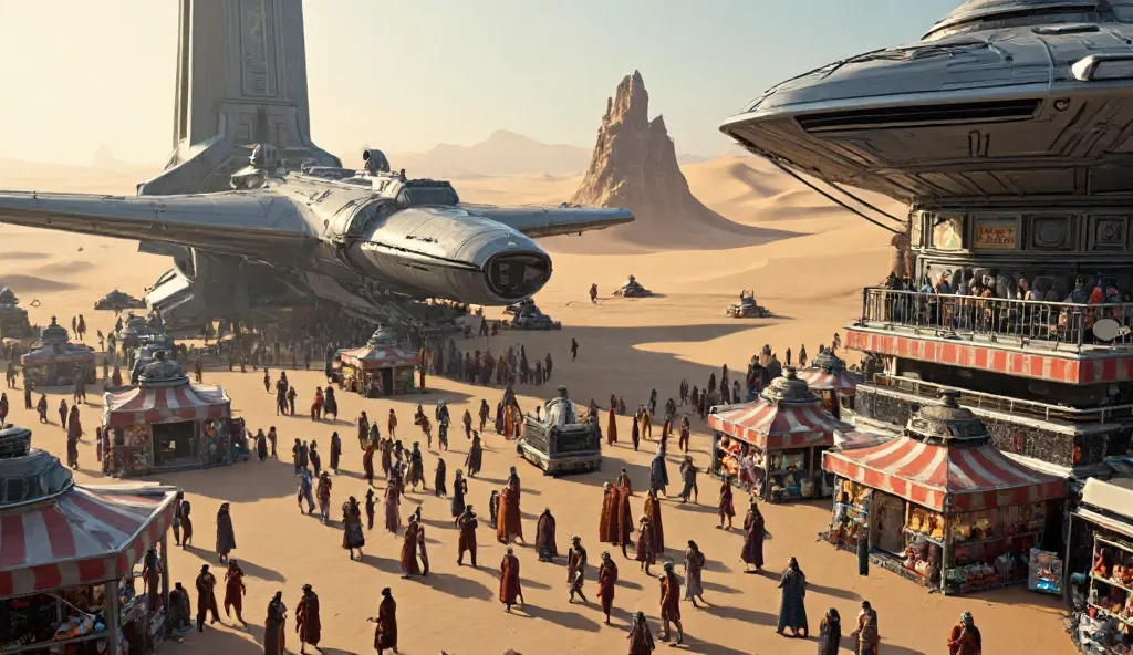 A futuristic spaceport on a desert planet, with massive starships landing and taking off, and a bustling market filled with alien merchants and travelers