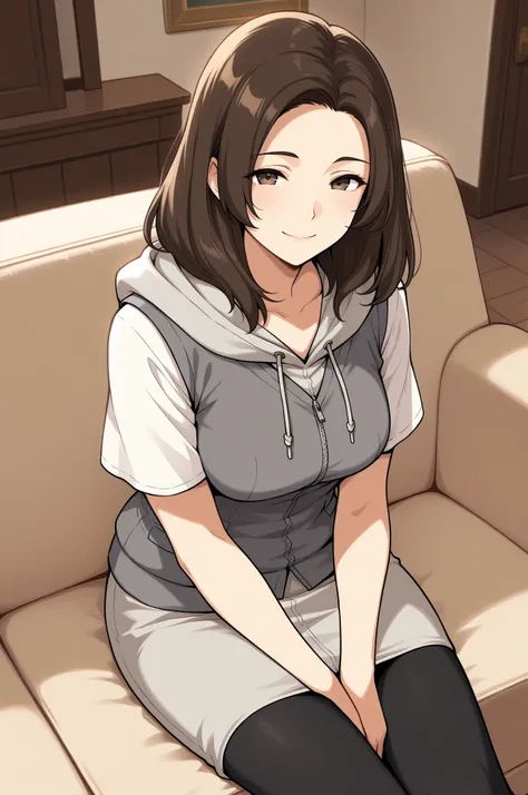 masterpiece, best quality, 1girl, solo  mtilda, dark brown hair, medium hair, brown eyes, medium breasts, grey vest hoodie, white sleeves,short sleeves, grey skirt, black leggings, sitting, couch, happy, smile, looking at viewer, indoors