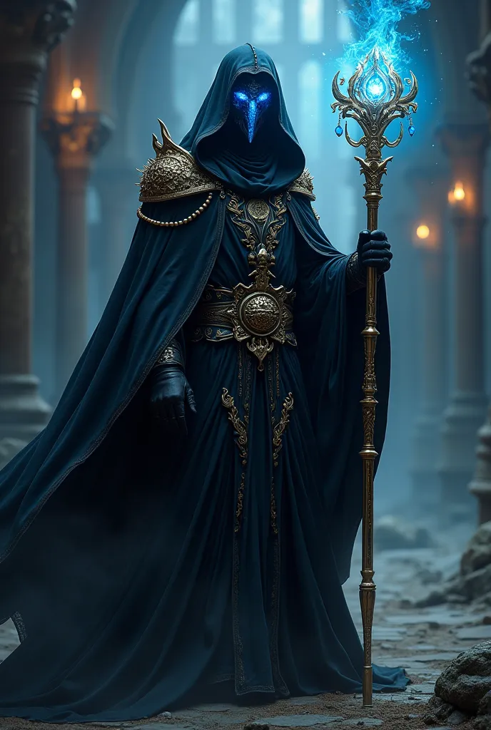 Create a wizard who wears a black robe with gold details that covers his entire face, He has a gold staff and a blue tip, he has a blue mask on his face that whoever sees dies, RPG version