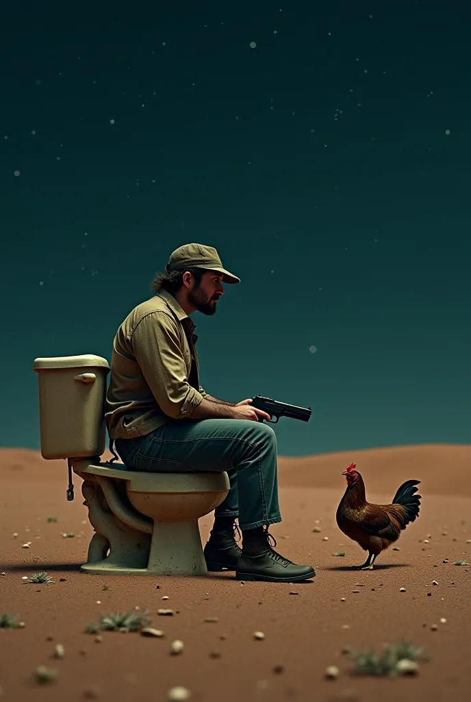 A man with a gun sits on a toilet in the desert talking to a chicken at night