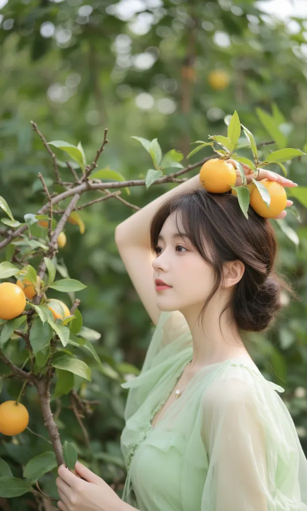 a woman in a green dress holding fruit on her head and a tree branch in her hand with oranges on it,in the style of cute and dreamy, light green, dark orange and light green, romanticized nature, snapshot aesthetic, fawncore, 32k uhd