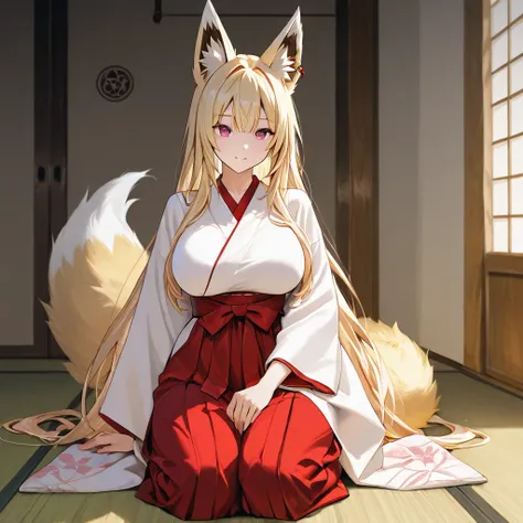 fox girl, fox ears, fox tail, blonde hair, red hakama, large breasts, cleavage, tatami,