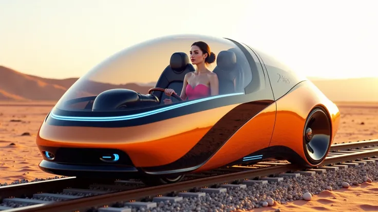 Close 45 angle side view from front of a painted glossy Orange two seater tiny train inspired by a gaming chair, futuristic with black stripes, with blue ambient lights inside. Should have a panoramic transparent dome glass body, Your design should feature...