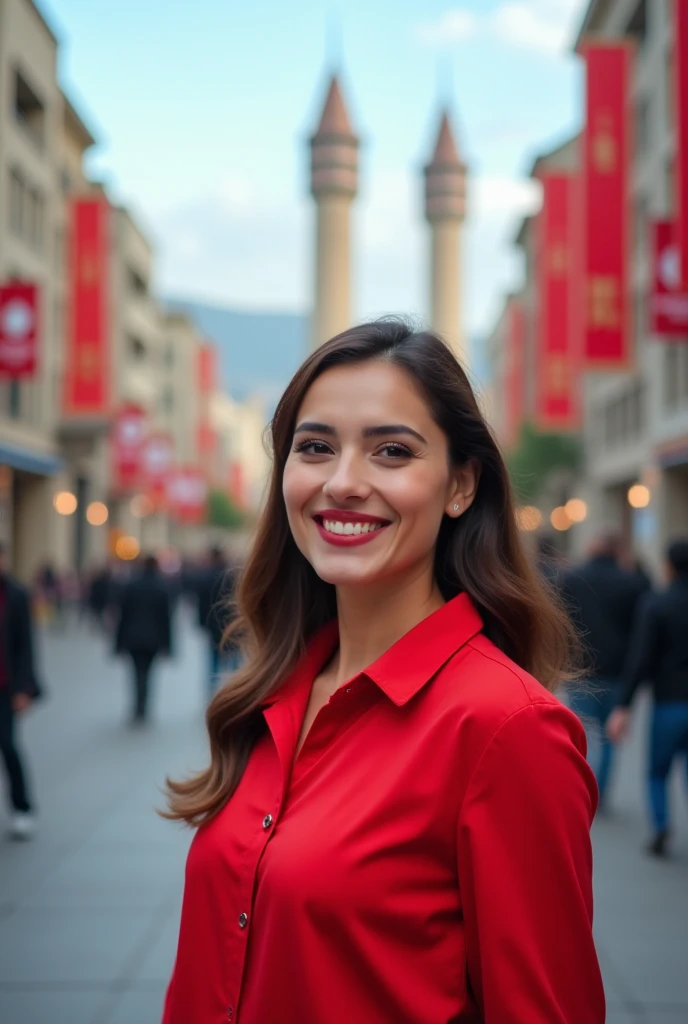 the modern Turkish Azerbaijanian woman with red shirt looking to camera and smiling in Baku, Azerbaijan, wide shot, flame towers, Bak streets