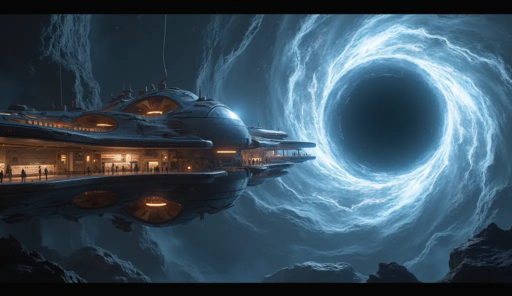     A space colony on the edge of a black hole, with gravity-defying architecture and a glowing energy shield protecting it from the intense gravitational forces." 